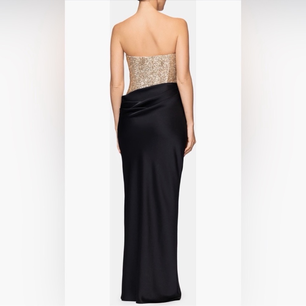 Betsy & Adam Gold Sequin Black Strapless Corset Gathered Draped Maxi Dress - Picture 4 of 13